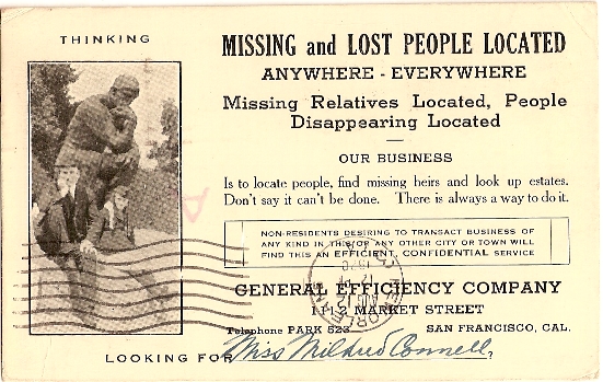Finding missing people postcard back of huge finger auxiliary marking
