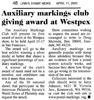 Auxiliary Markings Club Westpex Award